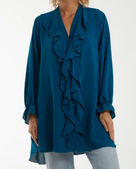 Lang skjorte med flæser Teal