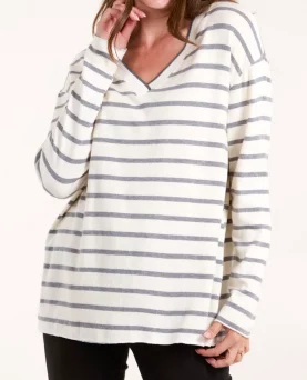 V-neck Stribet Bluse Grå