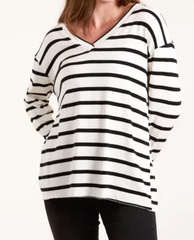 V-neck Stribet Bluse Sort