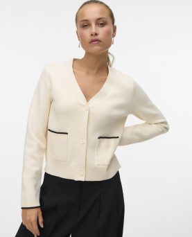 VMGOLD LS V-NECK CONTRAST CARDIGAN-Birch W. BLACK